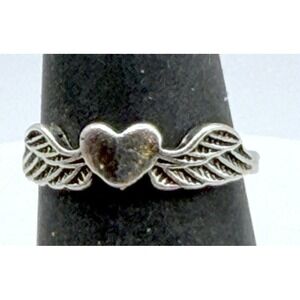 Silver Tone Angel Wing Heart Ring Size 5.5 Adjustable Open Back